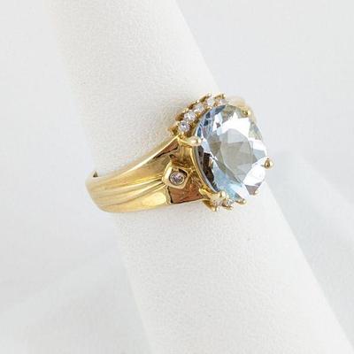 14K Yellow Gold, Aqua & Diamond Ring
