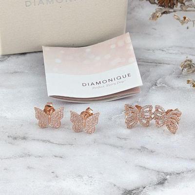 Two Pairs Diamonique Simulated Diamond & Rose Gold Vermeil Butterfly Earrings - New in Box