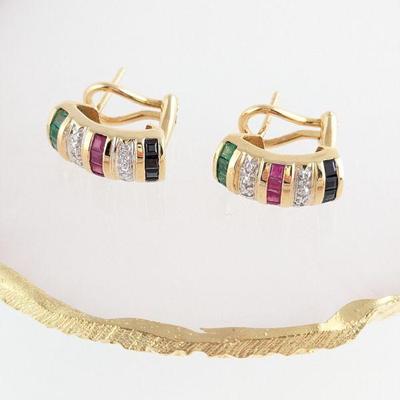 14K Yellow Gold, Sapphire, Ruby, Emerald & Diamond Earrings