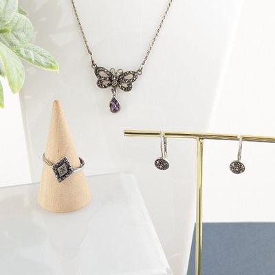 Sterling Silver Marcasite & Amethyst Butterfly Necklace & Marcasite Ring & Earrings