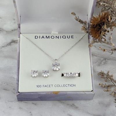 Diamonique 100 Facet Collection Gift Set Sterling Silver & CZ Necklace, Earrings & Ring - New in Box