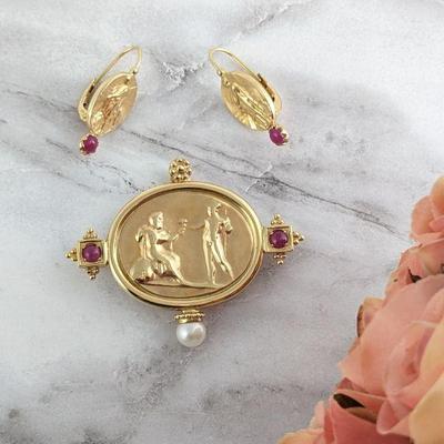 14K Yellow Gold & Ruby Aphrodite (?) Brooch/Pendant & Earrings