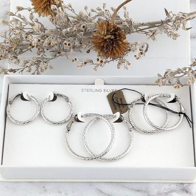Set of Three Pairs Sterling Silver Twist Hoop Earrings - New in Box