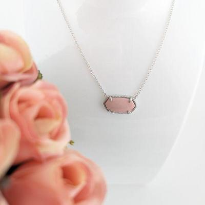 Affinity Gems Sterling Silver Hexagonal Opaque Pink Gemstone Cabochon Necklace - New