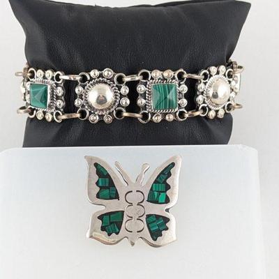 Mexico Sterling Silver & Malachite Bracelet & Butterfly Brooch