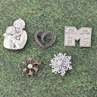 Lot of 5 Sterling Silver Brooches