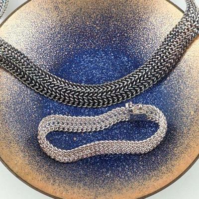 Sterling Silver Mesh Chain Necklace & Bracelet