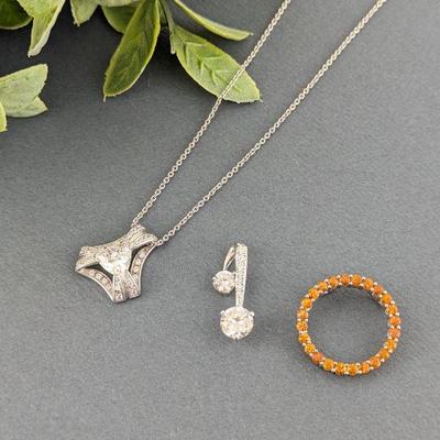 Sterling Silver Chain with Three Sterling & CZ Pendants