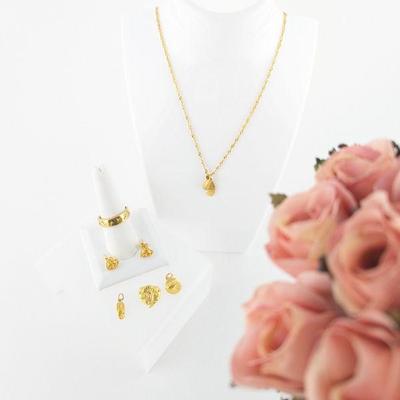 22K Yellow Gold Chain with Four Pendants, Earrings & Ring