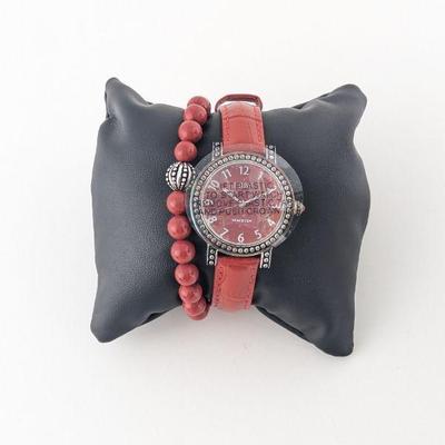 Ecclissi Facets Jasper Leather Band Watch with Jasper Stretch Bracelet - New