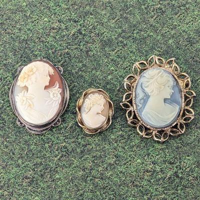 Three Antique Shell Cameo Brooches/Pendants