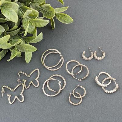 Seven Pairs of Sterling Silver & CZ Hoop Earrings