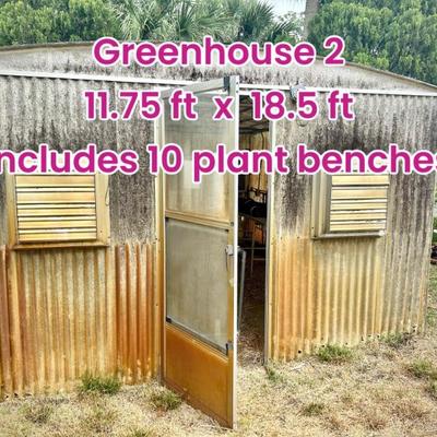 Three fiberglass greenhouses of varying sizes. Second greenhouse is 11.75 feet x 18.5 feet. Electrified and ceiling irrigation. The 10...