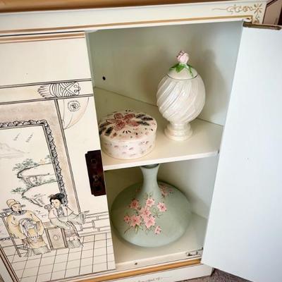 Ivory chinoiserie corner display cabinet