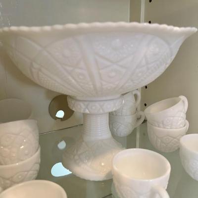 Milk glass punch bowl (two pieces) and 11 cups