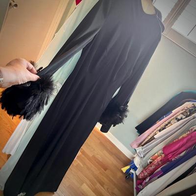 Vintage black evening gown with feather cuffs