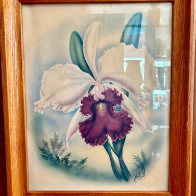 One of three vintage 1960s Polynesian flower art in wood frame
