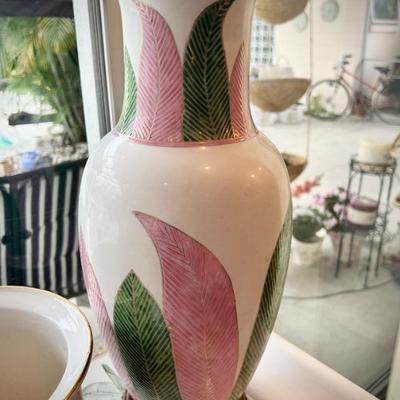 Vintage pink and green urn and matching planter 