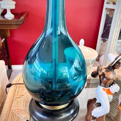 Vintage MCM 1960s 50-inch blue glass lamp with matching shade