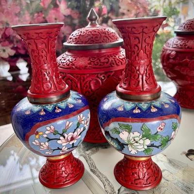 Pair of Jingfa red cinnabar and cloisonne vases