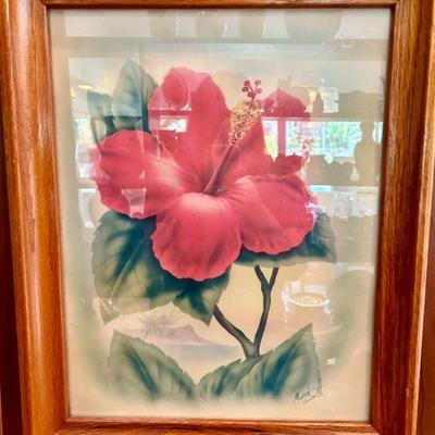 One of three vintage 1960s Polynesian flower art in wood frame
