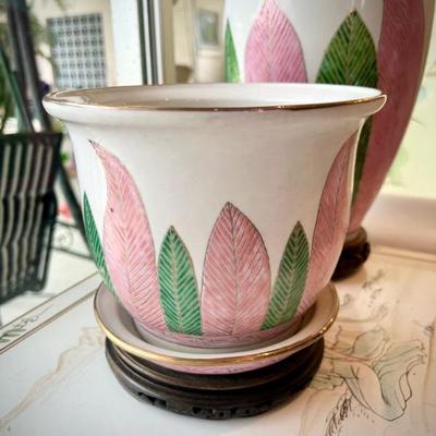 Vintage pink and green planter and matching urn