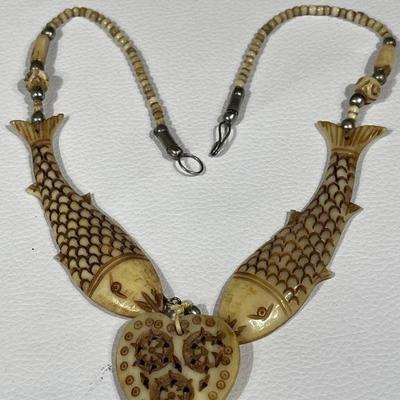 Vintage Carved Bone Fish Necklace Made in India