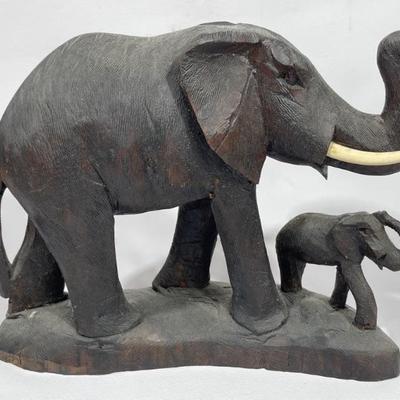Vintage Carved Solid Wood Elephant and Calf