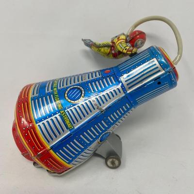 Tin Friction Space Capsule with Floating Astronaut Toy - Kanto - 1950s