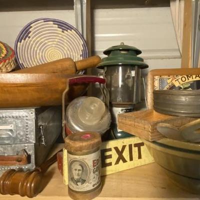 Vintage signs, dough bowl, lantern, tins