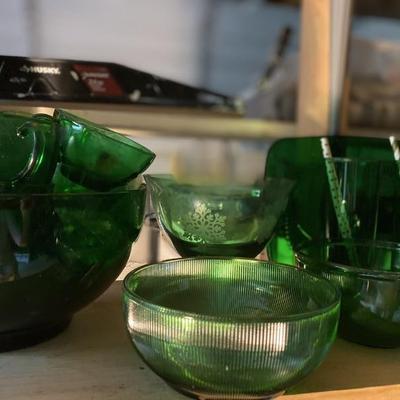 Green glass wear punch bowl, cups, plates, large collectiondishes etc