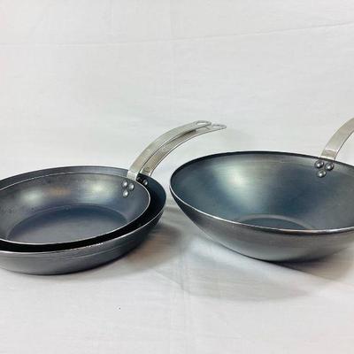 DILA133 “Made In” Trio Of Pans	Two 12.5 inch pans, one is 4 inch deep. 10 inch skillet. All made in France. 
