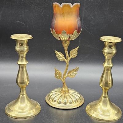 (3) Brass: 2- Candlesticks & Stand w/ Flower Shade