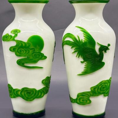 Pair of Chinese Peking Green & White Glass Vases