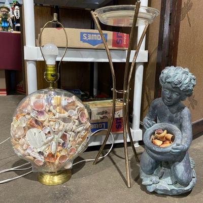 Shell lamp, MCM plant stand, garden sculpture