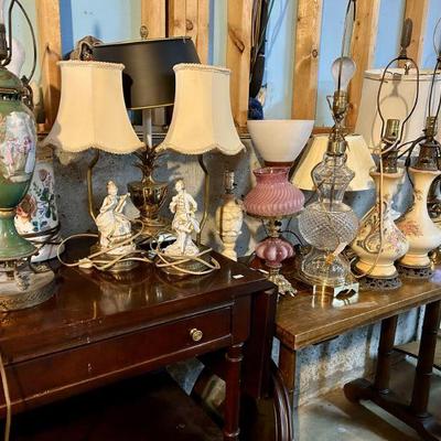 Dozens of table and floor lamps