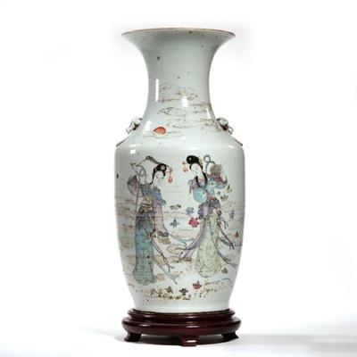 ANTIQUE CHINESE VASE | Showing two female figures, with lions heads on sides, calligraphy on backside, no markings on the bottom; on a...