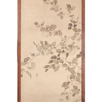 CHINESE SCROLL PAINTING | Paint on silk Showing a bird with a worm in its beak feeding two chicks among branches with fruit. Signed lower...