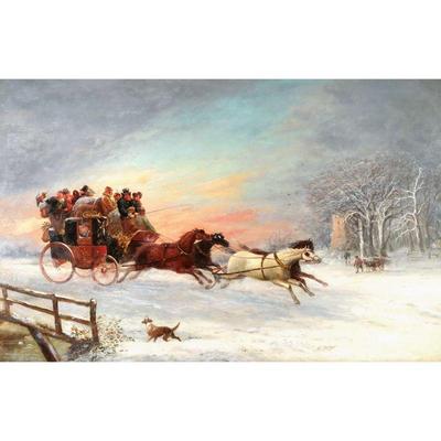 SAMUEL HENRY GORDON ALKEN (1810-1894) | Winter Oil on board 33.5 x 22 in. Showing riders in a carriage in a snowy landscape before a...