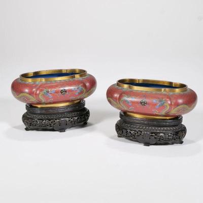 PAIR RED DRAGON CLOISONNE LOBED VESSELS | Dectorated with dragons and other Chinese devices l. 6.5 x w. 4.25 x h. 2.25 in. (vase only)
