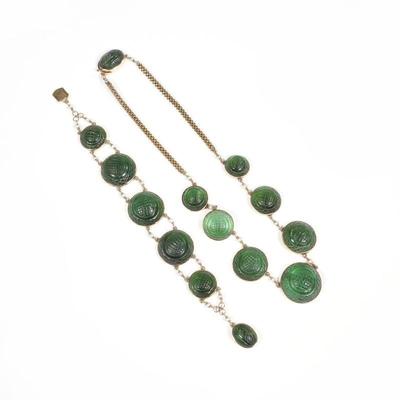(2pc) CARVED GREEN TOURMALINE, PEARL & GOLD JEWELRY | Probably Chinese, Comprising a necklace having seven round graduated carved green...