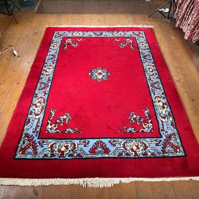 RED VINTAGE MOROCCAN RUG | Deep red color with a cerulean blue inner border. Tag reads 