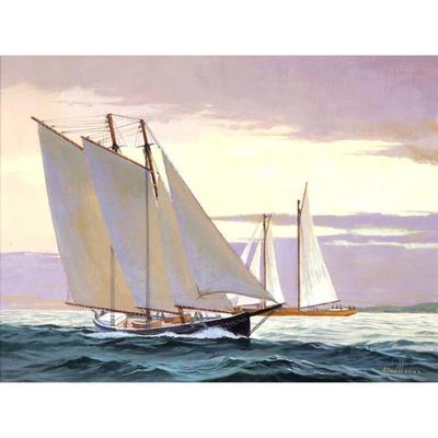 BEN NEILL (Massachusetts, 1914-2001) | Passing Fisherman Oil on masonite 12 x 16 in. Showing two schooners before a colorful sky; Signed...