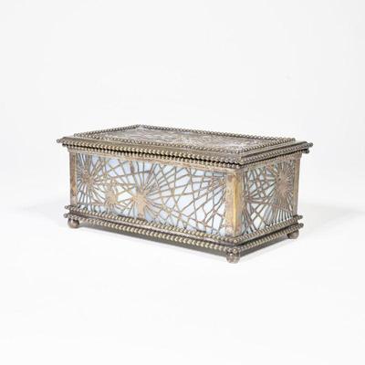 TIFFANY STUDIOS PINE NEEDLE OVERLAY BOX | c. 1907, #815 openwork pine needle pattern over figured opaline glass The top with engraved...