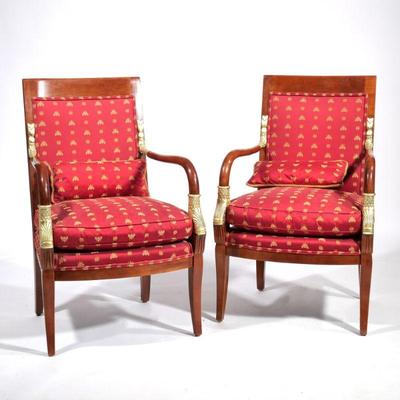 PAIR FRENCH NEOCLASSICAL ARMCHAIRS | Century furniture, red and gold Napoleonic bee upholstery, applied gilt decorations - l. 27 x w. 24...