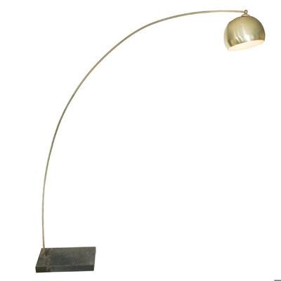 ARCO STYLE CONTEMPORARY FLOOR LAMP | Cement and metal counter weight, brass-toned tubular shaft and dome light fixture.
