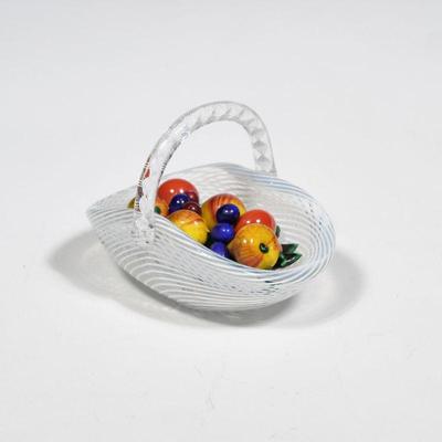 SAINT LOUIS BLOWN GLASS FRUIT BASKET | St. Louis paperweight, blown glass in the form of a fruit basket with twisted handle, marked on...
