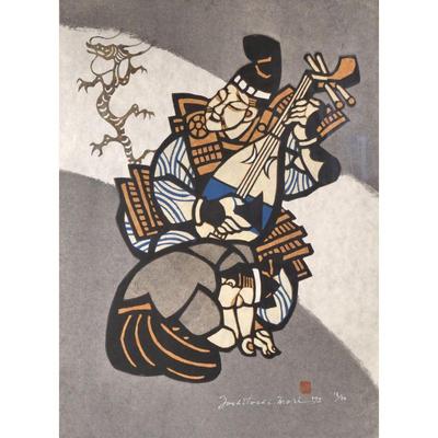 YOSHITOSHI MORI (JAPANESE 1898-1992) WOODBLOCK PRINT | Lute player, 1972 ed. of 50. 27.5 x 20 in., sheet. w. 24.5 x h. 32.5 in., frame
