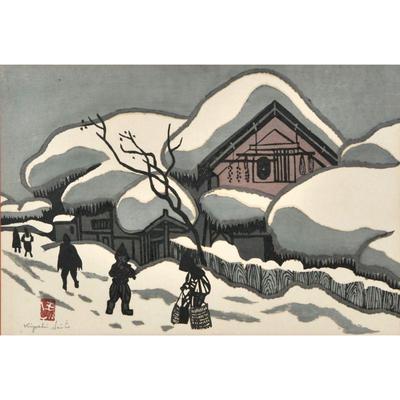 KIYOSHI SAITO (1907-1997) SNOW SCENE | Winter in Aizu 10 x 15 in., sight - w. 22.5 x h. 18 in. (frame)
