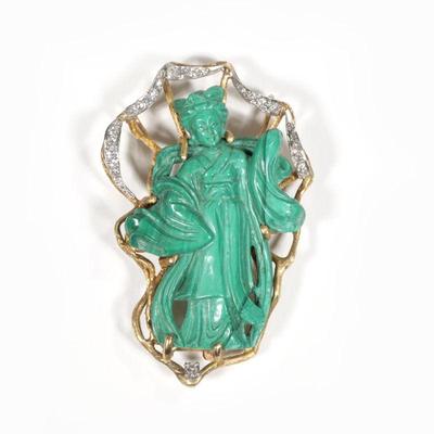CARVED MALACHITE, DIAMOND & GOLD GUAN YIN BROOCH | Designed as a carved malachite figure of guan yin with flowing robes set within an...